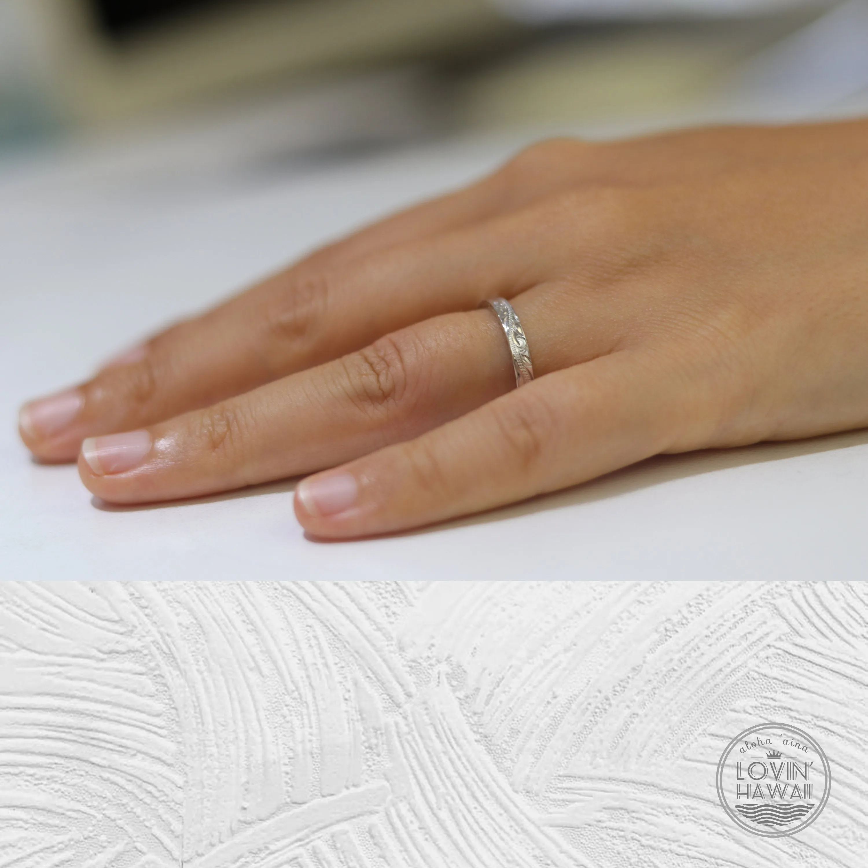 Hawaiian Rose Gold Wedding Ring, Hand Engraved Design (3mm width, Flat Style)