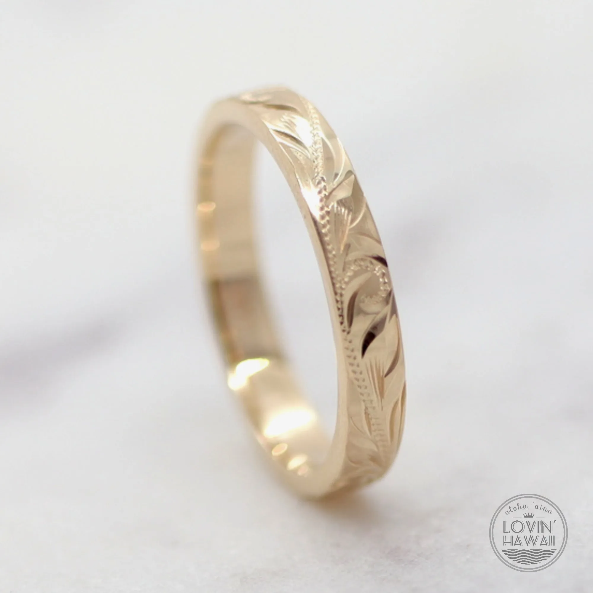 Hawaiian Rose Gold Wedding Ring, Hand Engraved Design (3mm width, Flat Style)