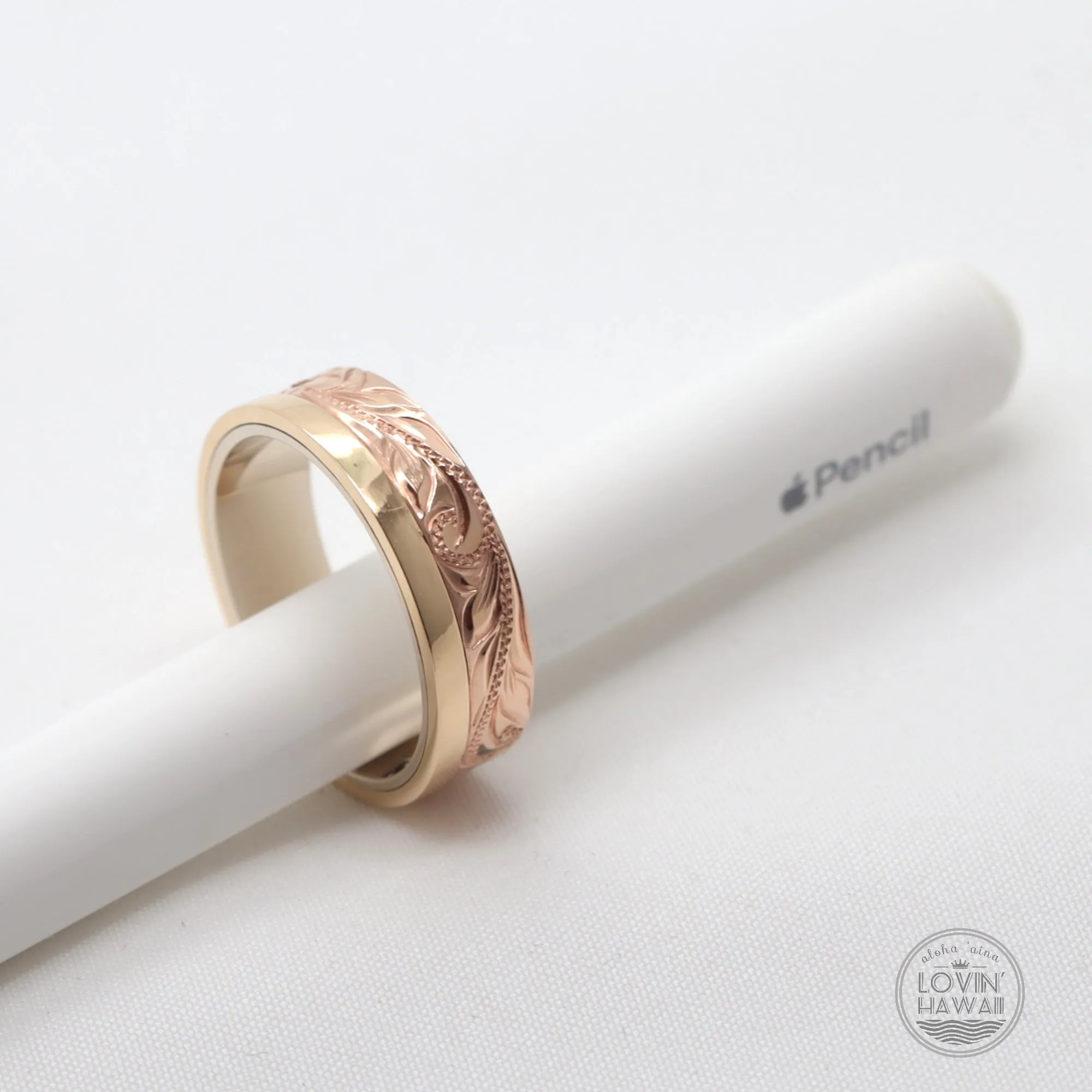 Hawaiian Stacked Gold Ring, Hand Engraved With Maile Lei Design (6mm Width)