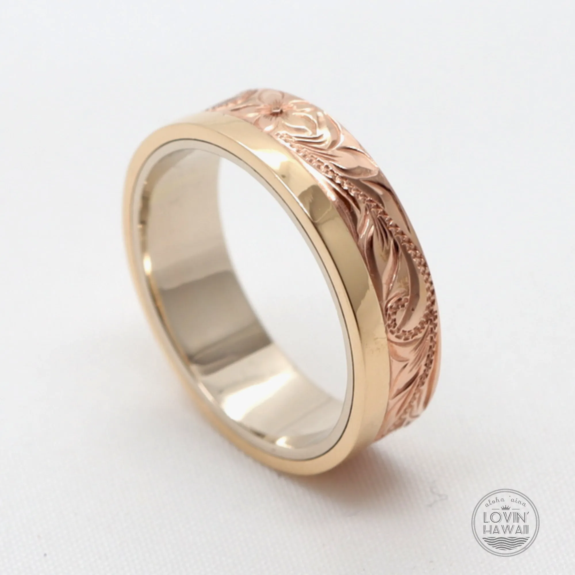 Hawaiian Stacked Gold Ring, Hand Engraved With Maile Lei Design (6mm Width)