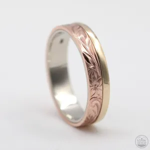 Hawaiian Stacked Gold Ring, Hand Engraved With Maile Lei Design (6mm Width)