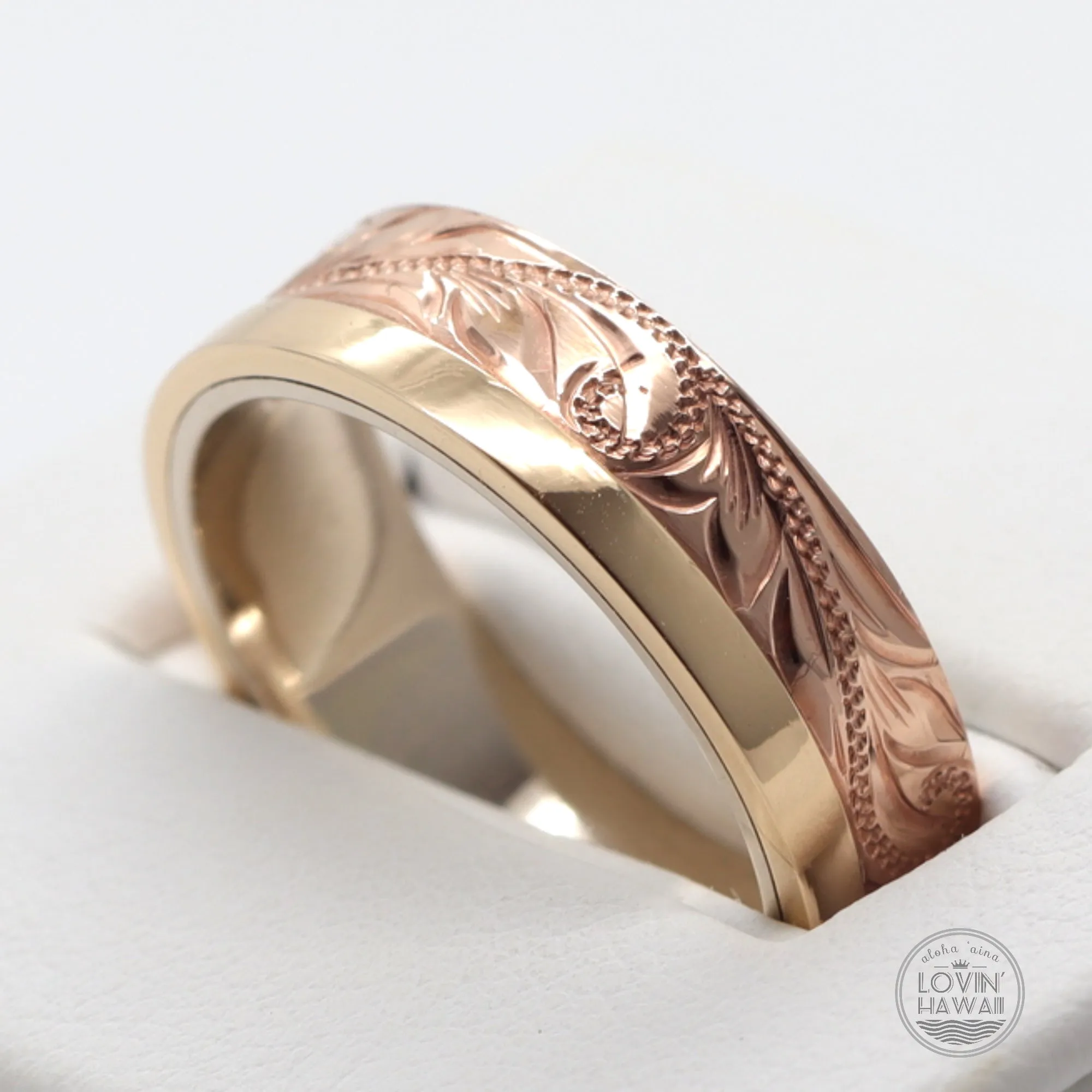 Hawaiian Stacked Gold Ring, Hand Engraved With Maile Lei Design (6mm Width)