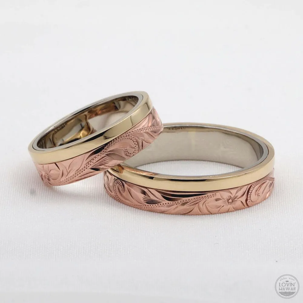 Hawaiian Stacked Gold Ring, Hand Engraved With Maile Lei Design (6mm Width)