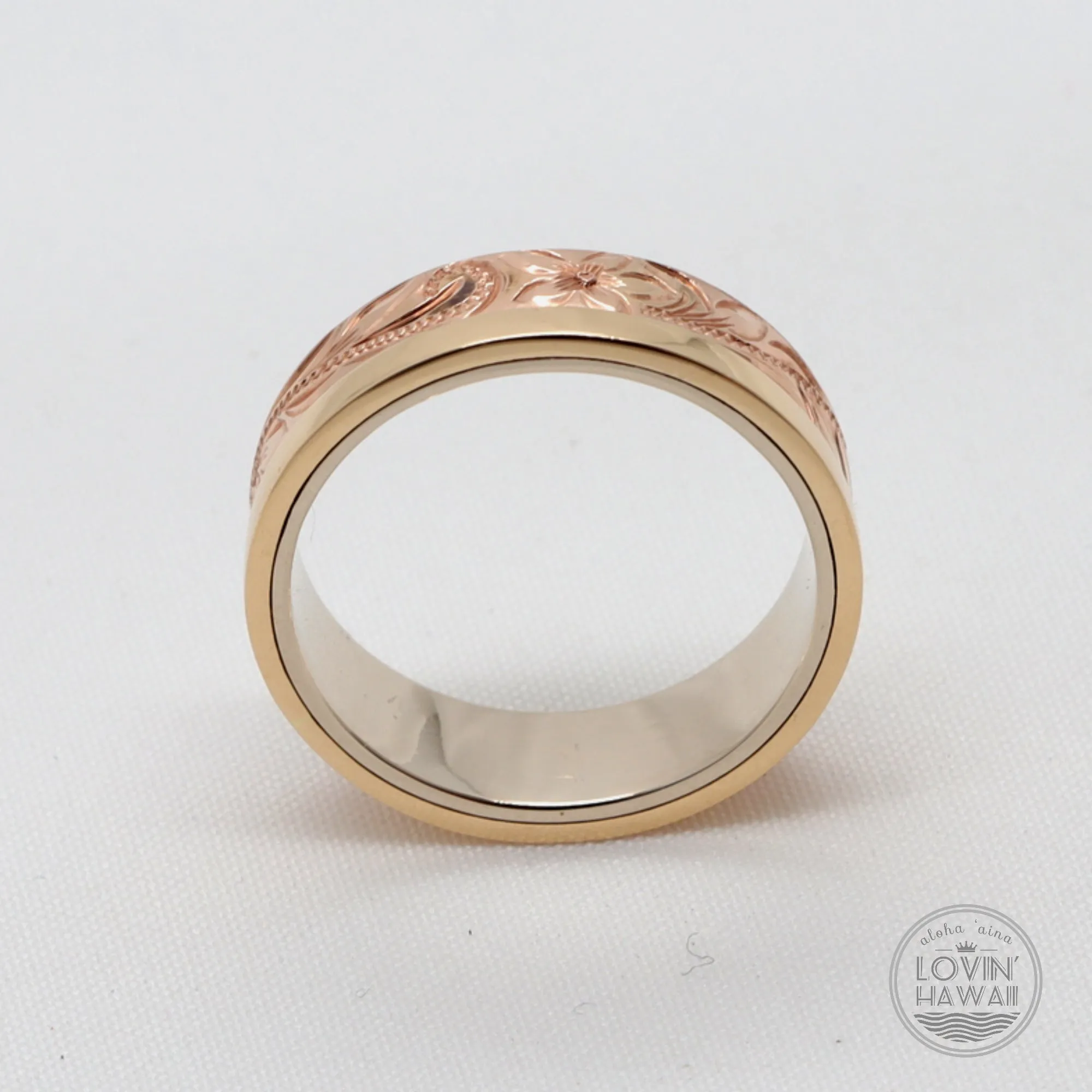 Hawaiian Stacked Gold Ring, Hand Engraved With Maile Lei Design (6mm Width)