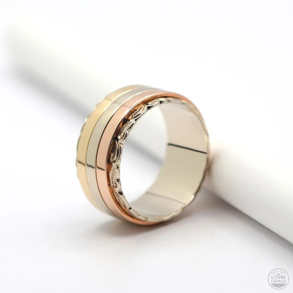 Hawaiian Wedding Band Made of 14K Three Tone Gold (8mm Width)