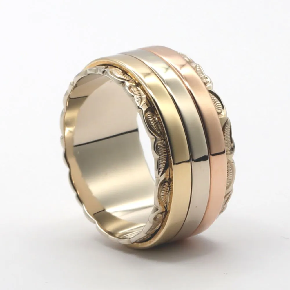 Hawaiian Wedding Band Made of 14K Three Tone Gold (8mm Width)