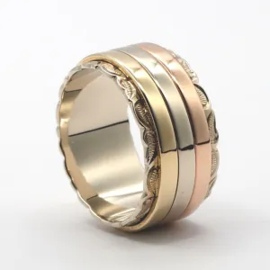 Hawaiian Wedding Band Made of 14K Three Tone Gold (8mm Width)