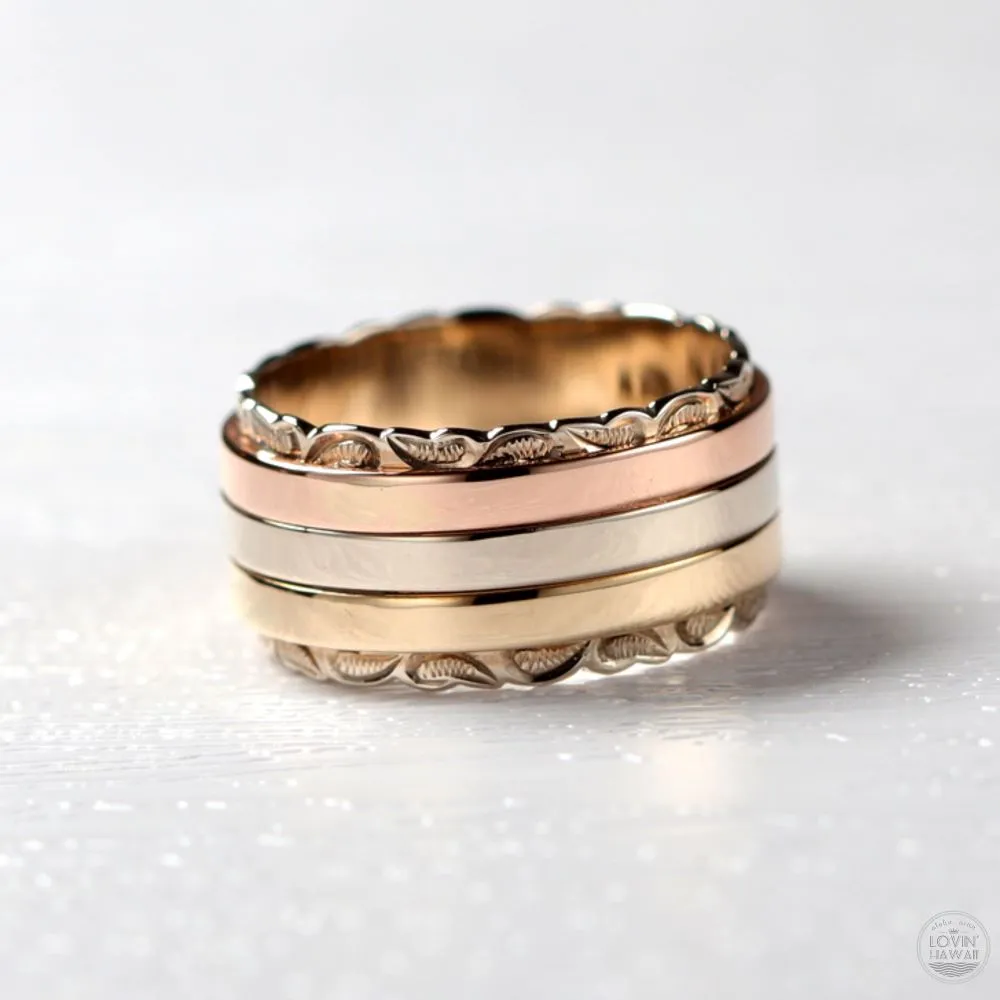 Hawaiian Wedding Band Made of 14K Three Tone Gold (8mm Width)