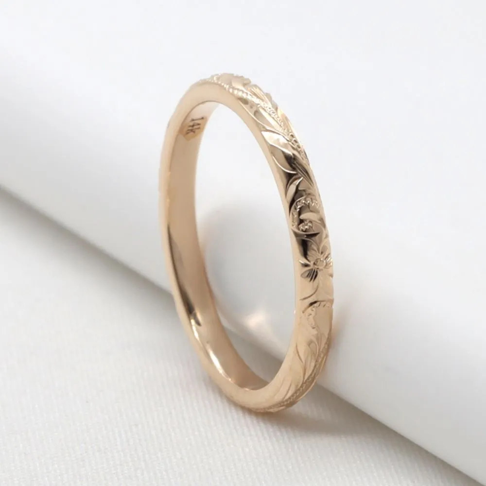 Hawaiian wedding rings in 14K Gold, Engraved With Hawaiian Heritage Design, (2.5MM WIDTH)