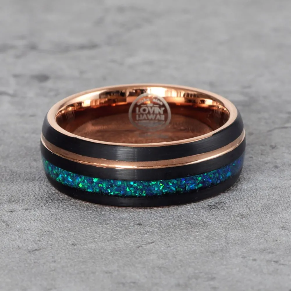 Hawaiian wedding rings with Opal Inlay (8mm Width, Comfort Fit)