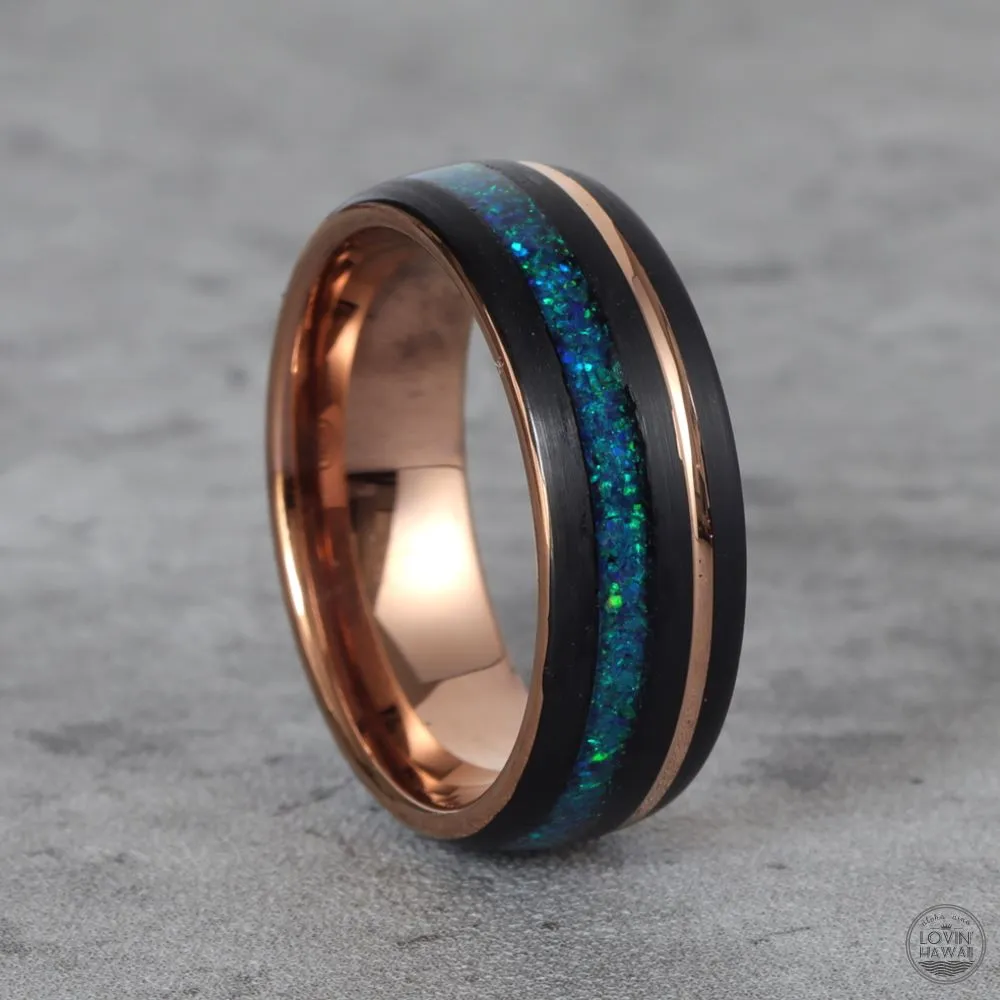 Hawaiian wedding rings with Opal Inlay (8mm Width, Comfort Fit)