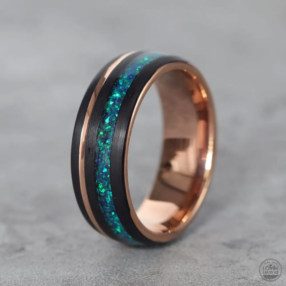 Hawaiian wedding rings with Opal Inlay (8mm Width, Comfort Fit)