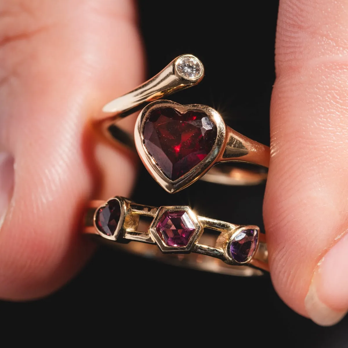 Heart Garnet and Diamond Twist Ring