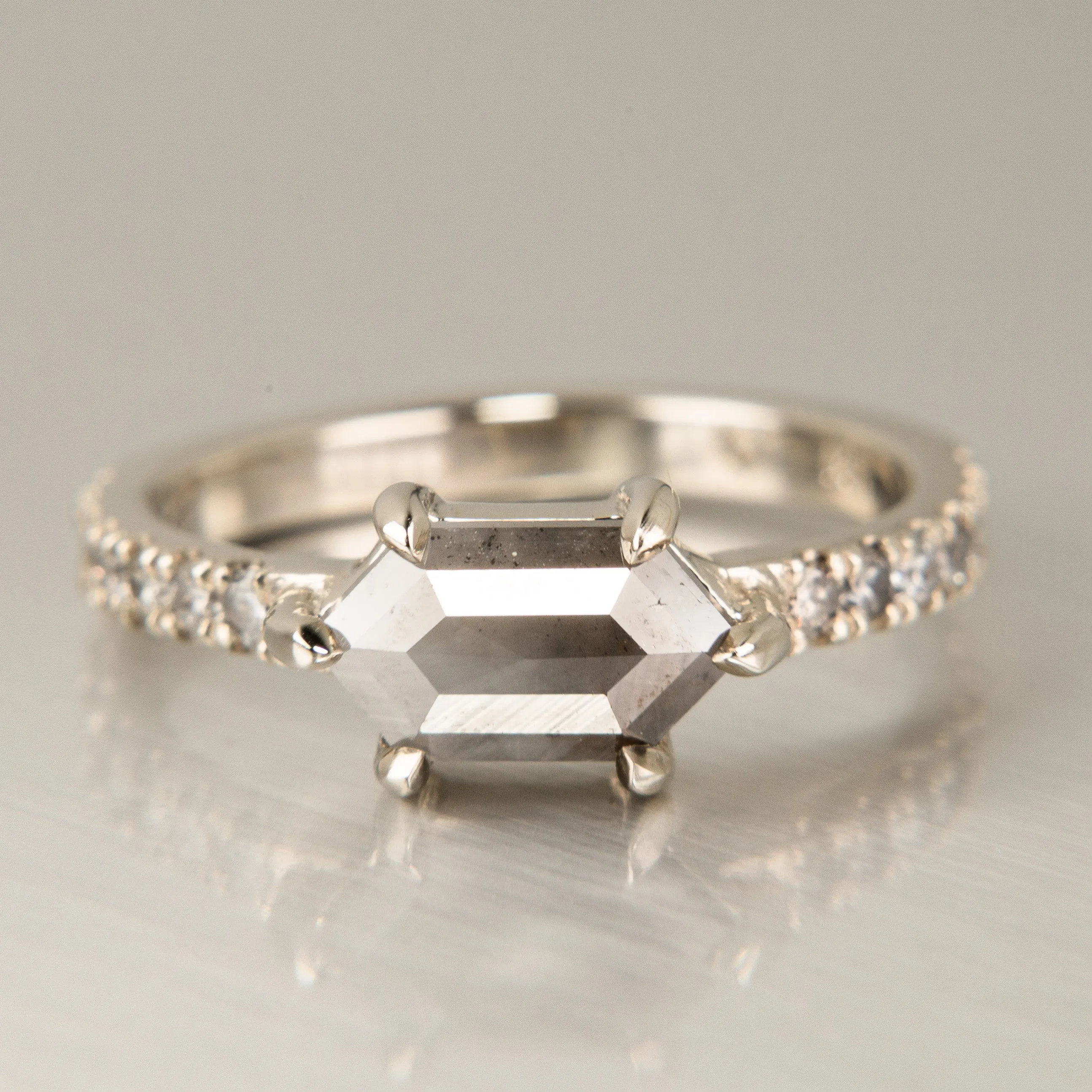 Hexagon Salt & Pepper Diamond Engagement Ring | 14k White Gold
