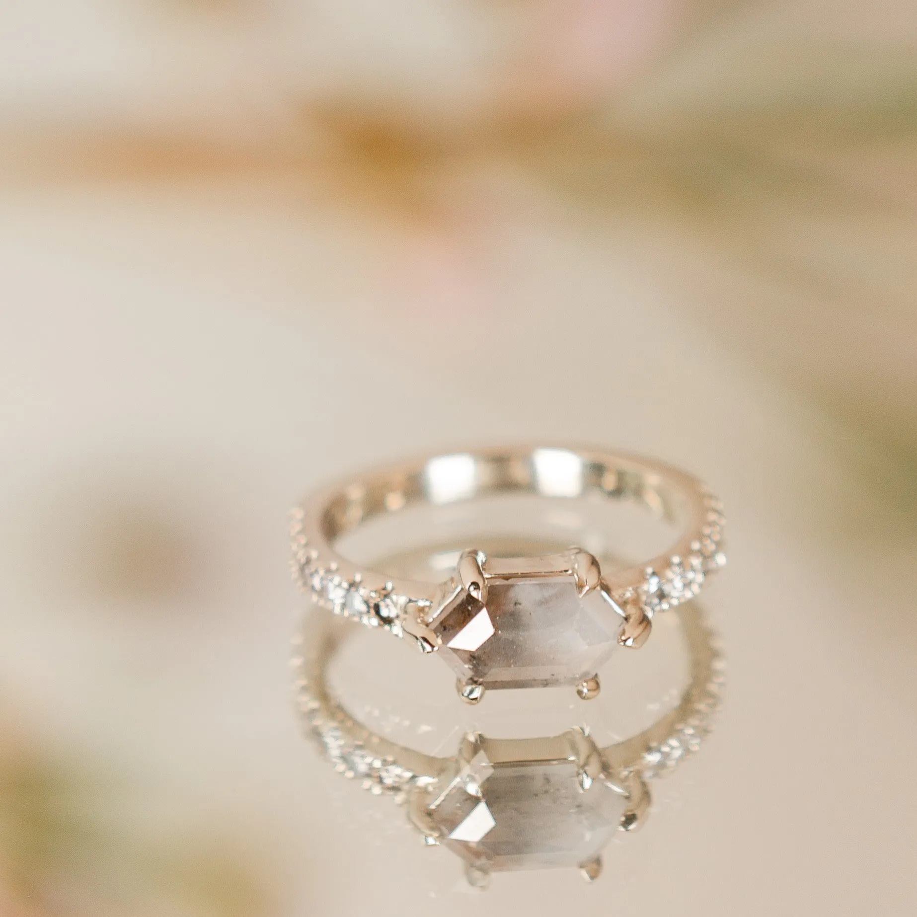 Hexagon Salt & Pepper Diamond Engagement Ring | 14k White Gold