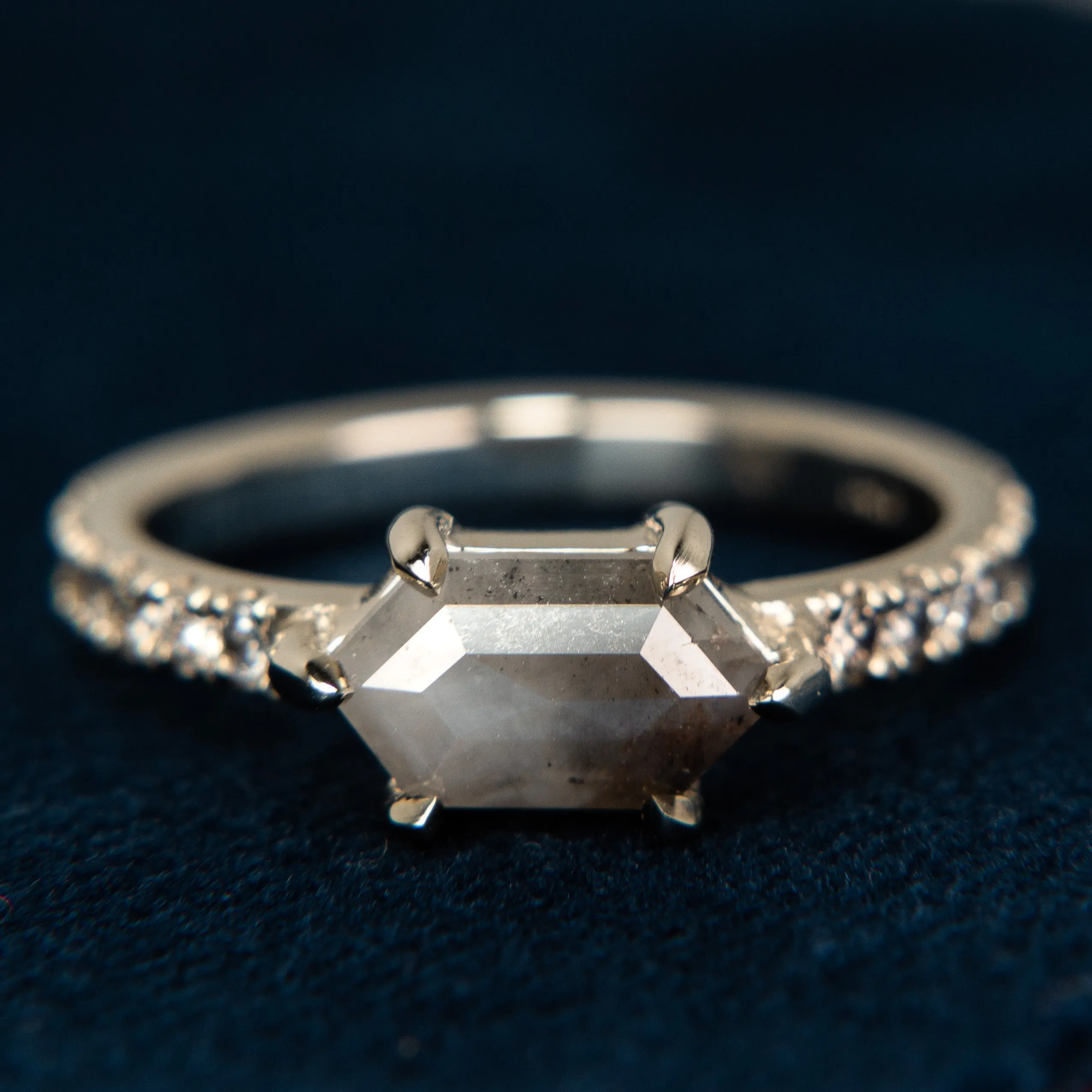 Hexagon Salt & Pepper Diamond Engagement Ring | 14k White Gold