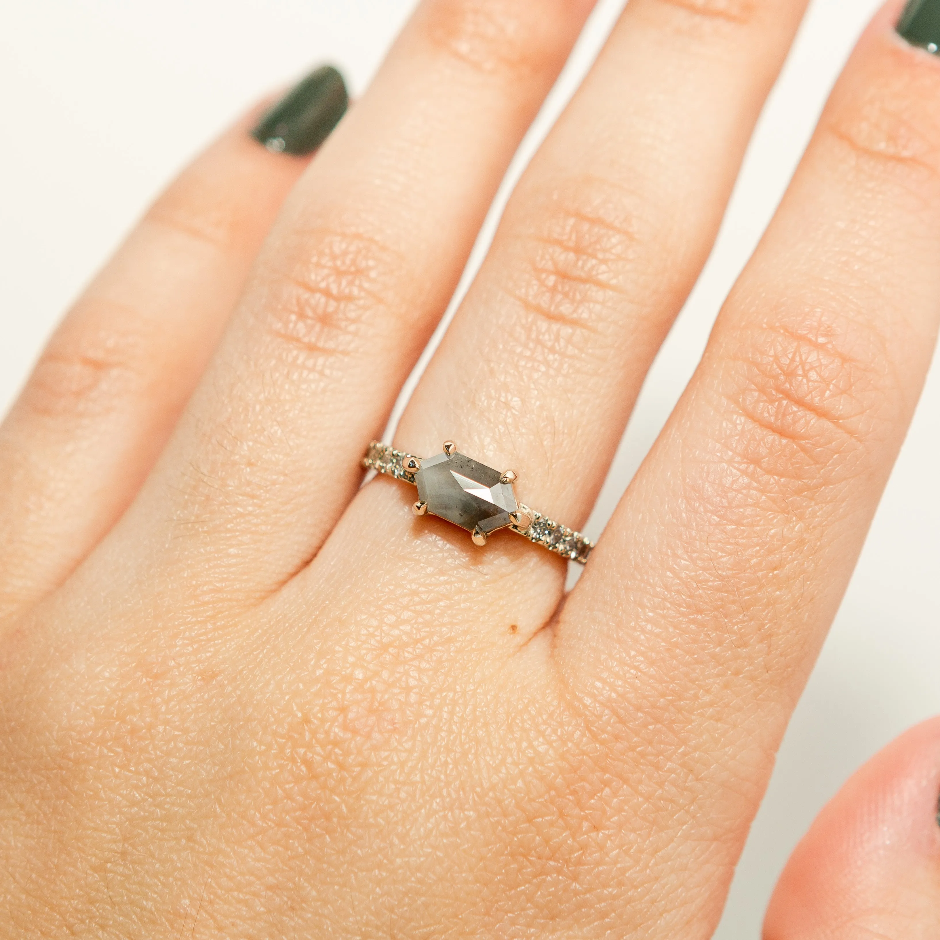 Hexagon Salt & Pepper Diamond Engagement Ring | 14k White Gold