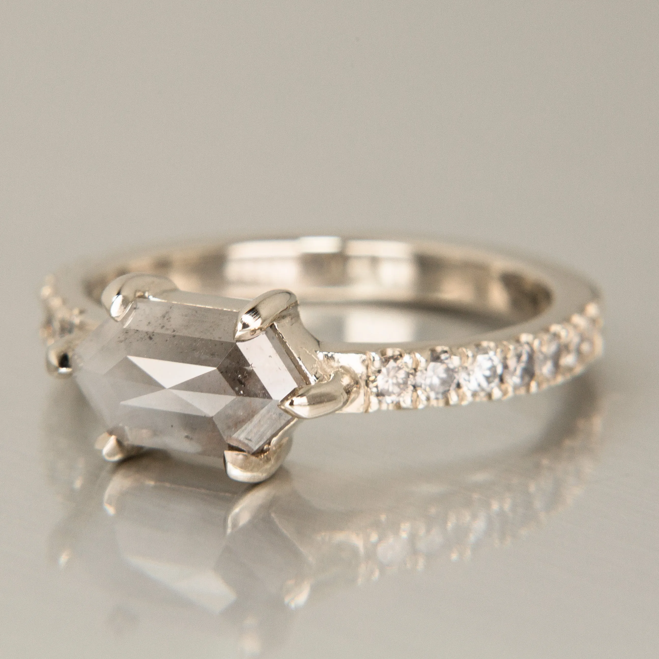 Hexagon Salt & Pepper Diamond Engagement Ring | 14k White Gold
