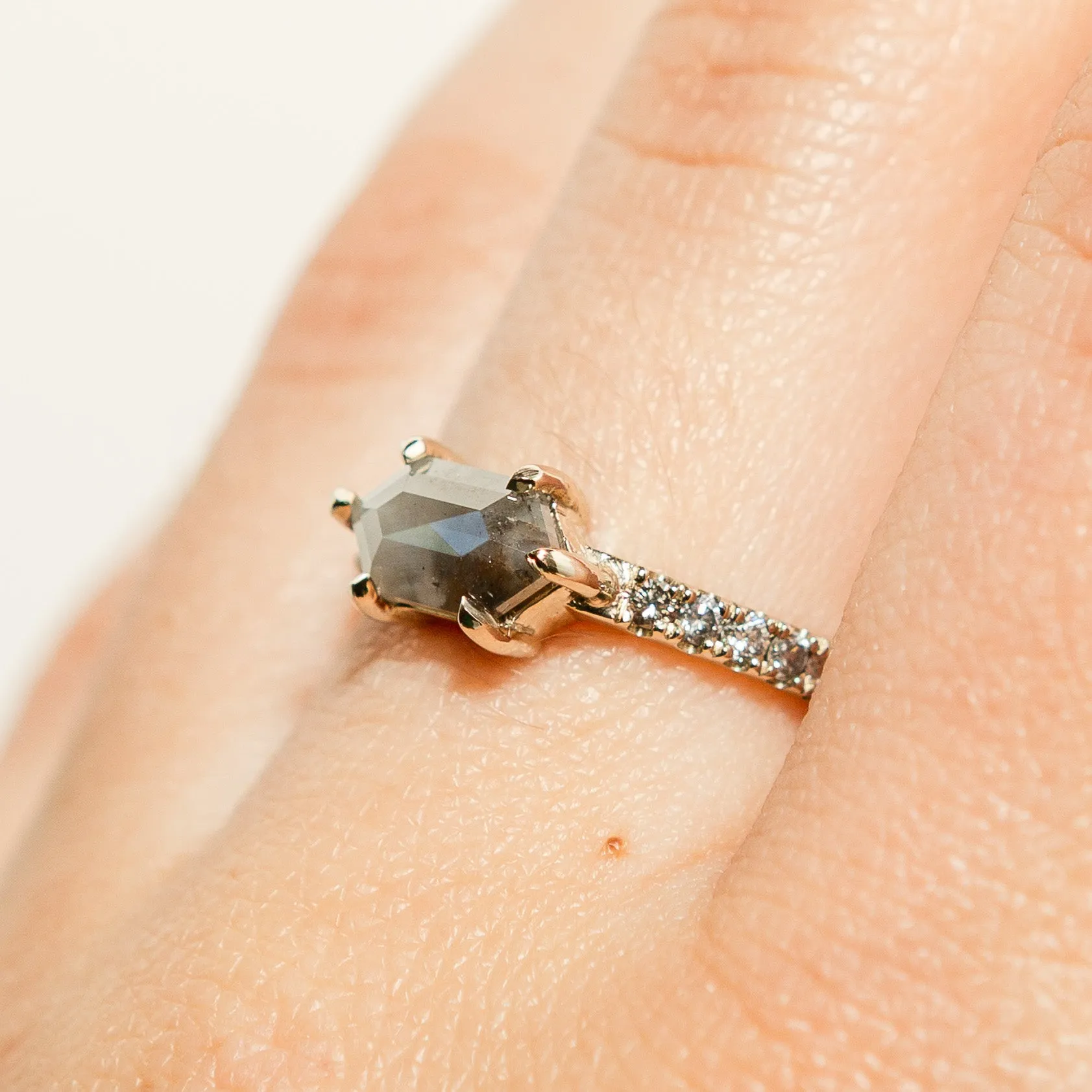 Hexagon Salt & Pepper Diamond Engagement Ring | 14k White Gold
