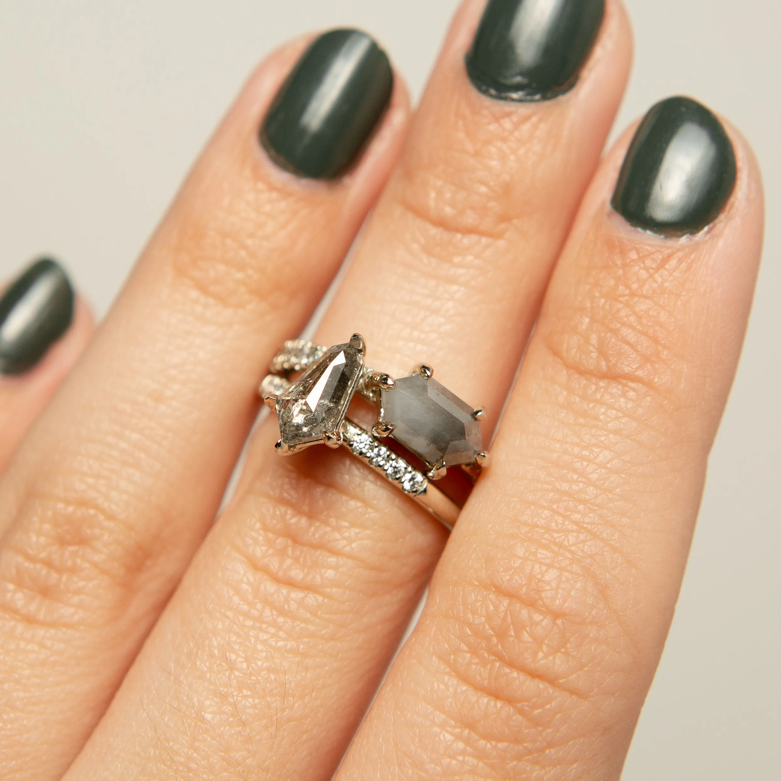 Hexagon Salt & Pepper Diamond Engagement Ring | 14k White Gold