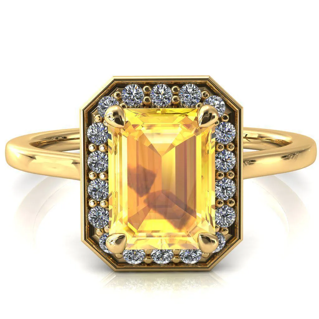 Holly Emerald Yellow Sapphire 4 Prong Pinpoint Floating Halo Scalloped Cathedral Ring