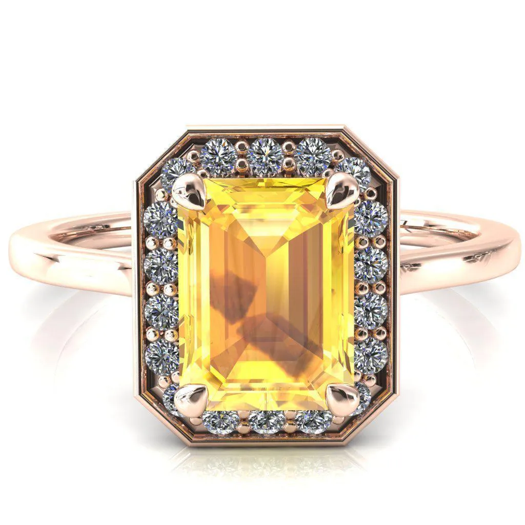 Holly Emerald Yellow Sapphire 4 Prong Pinpoint Floating Halo Scalloped Cathedral Ring