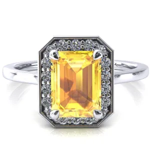 Holly Emerald Yellow Sapphire 4 Prong Pinpoint Floating Halo Scalloped Cathedral Ring