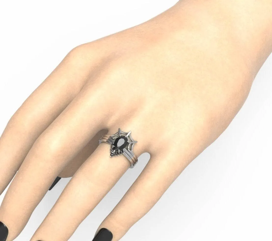 I Got You- 3pc Black Pear Cut Diamond Spider Web Promise Ring