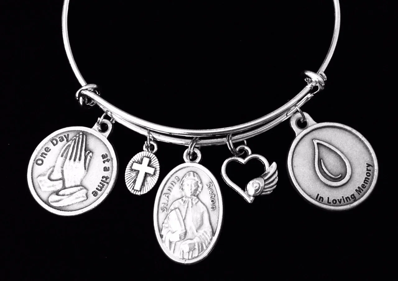 In Loving Memory Saint Elizabeth Ann Seton Charm Bracelet Patron Saint of Grief Adjustable Expandable Silver Bangle Memorial Jewelry One Size Fits All Gift One Day at a Time