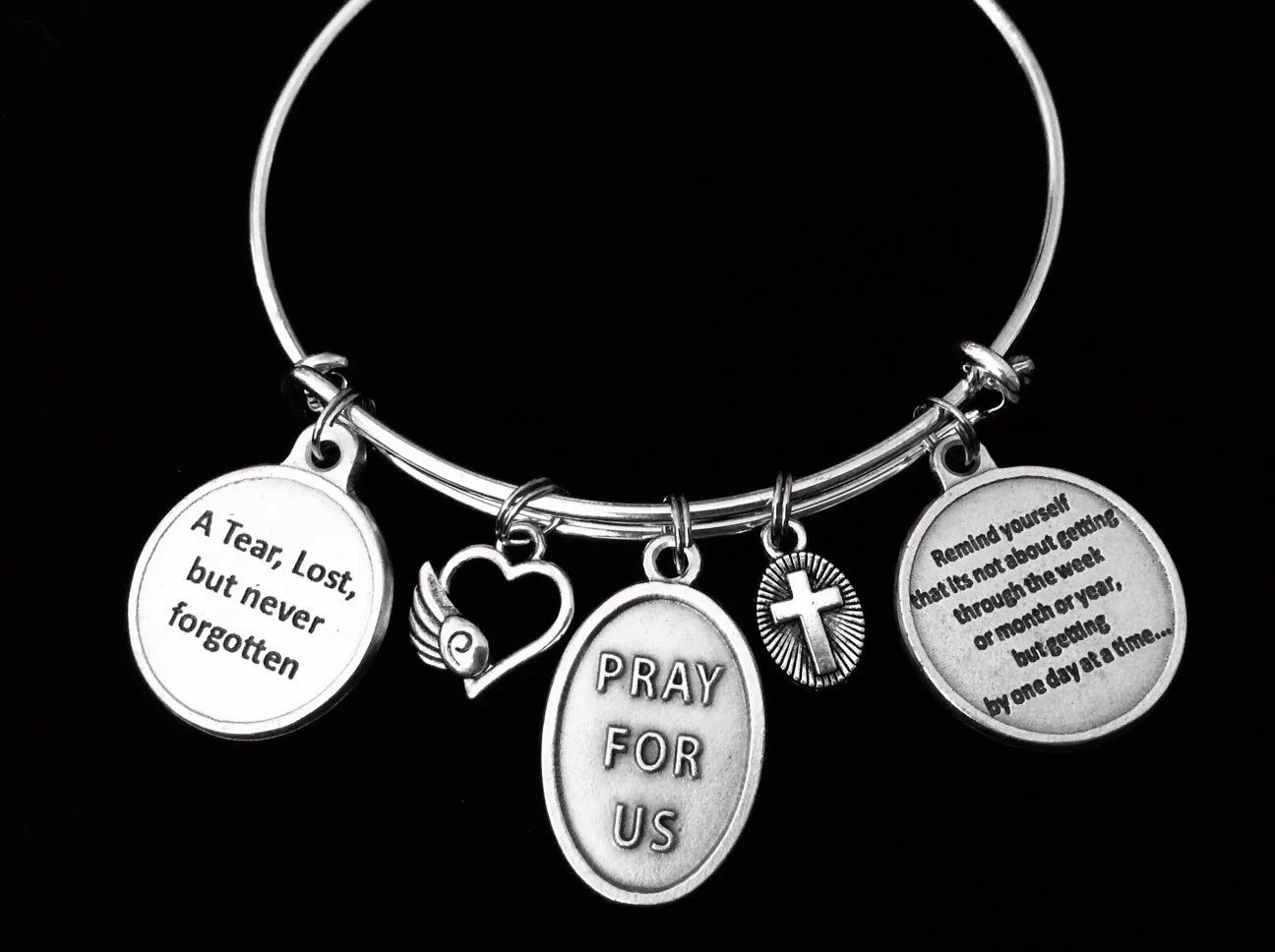 In Loving Memory Saint Elizabeth Ann Seton Charm Bracelet Patron Saint of Grief Adjustable Expandable Silver Bangle Memorial Jewelry One Size Fits All Gift One Day at a Time