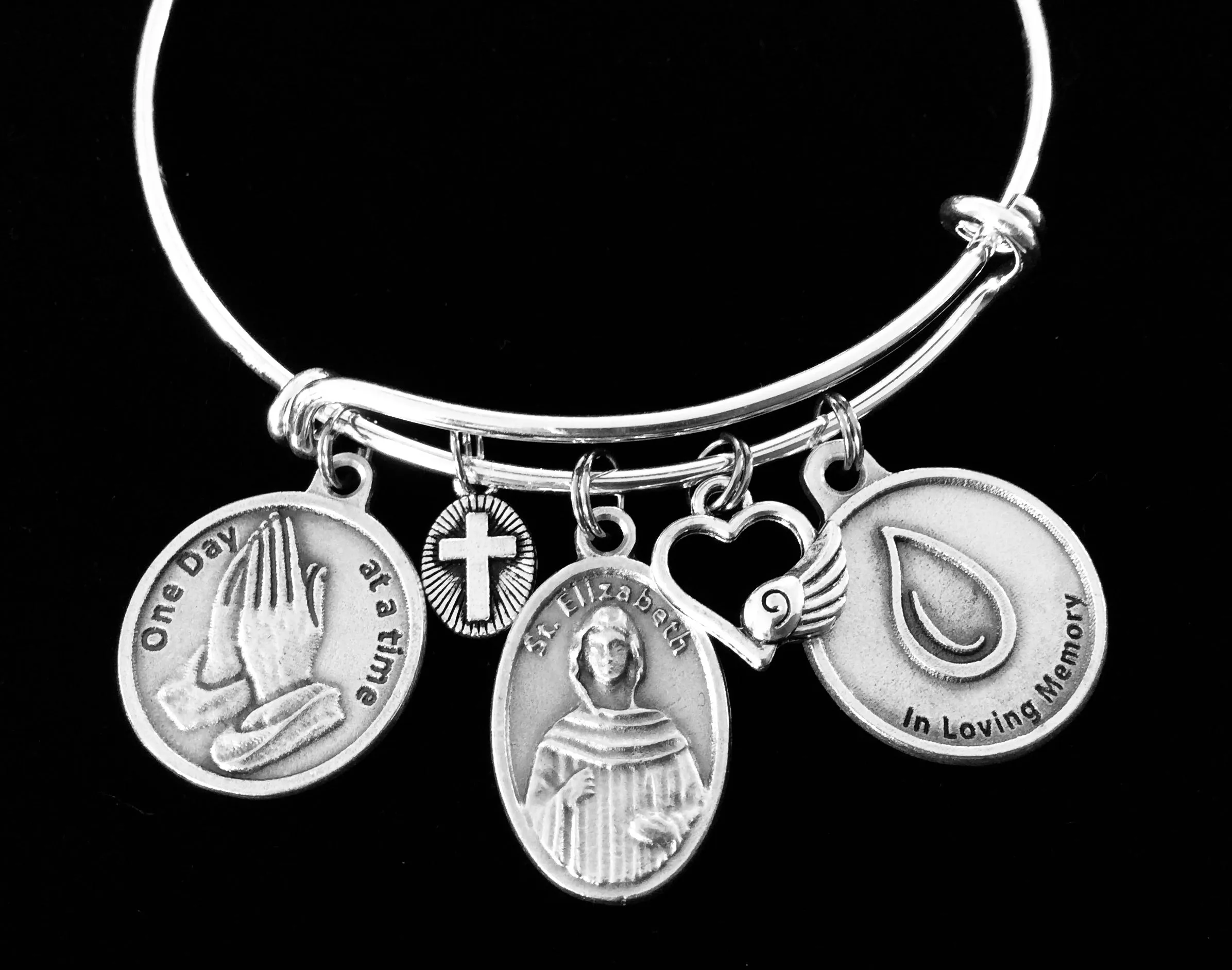 In Loving Memory Saint Elizabeth Ann Seton Charm Bracelet Patron Saint of Grief Adjustable Expandable Silver Bangle Memorial Jewelry One Size Fits All Gift One Day at a Time