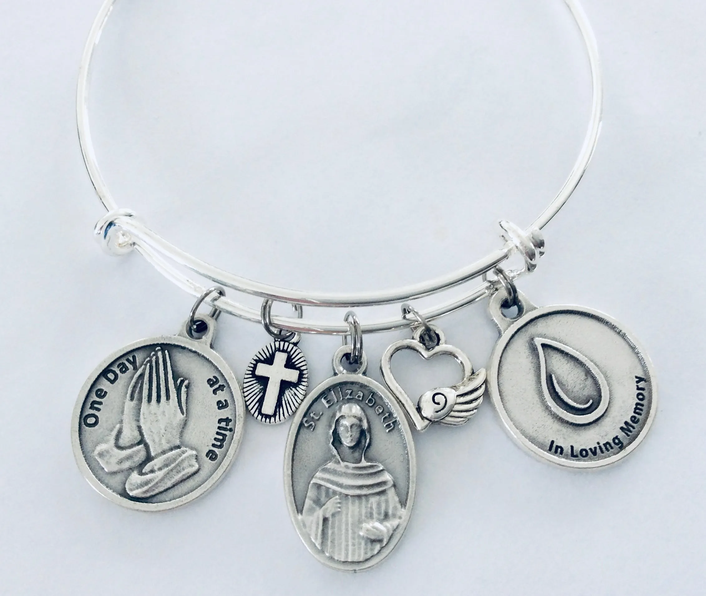 In Loving Memory Saint Elizabeth Ann Seton Charm Bracelet Patron Saint of Grief Adjustable Expandable Silver Bangle Memorial Jewelry One Size Fits All Gift One Day at a Time