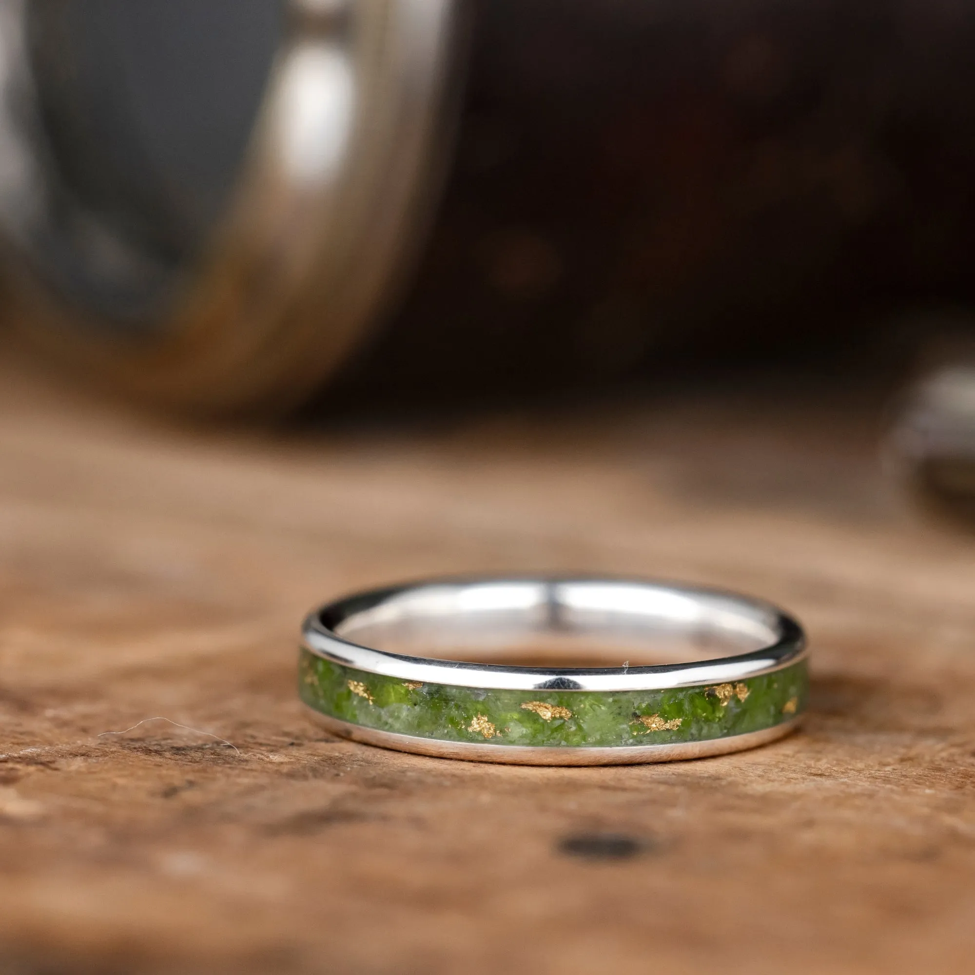 (In-Stock) Custom Silver Ring with Imperial Diopside & Gold Flakes -Size 7.75 | 4mm Wide