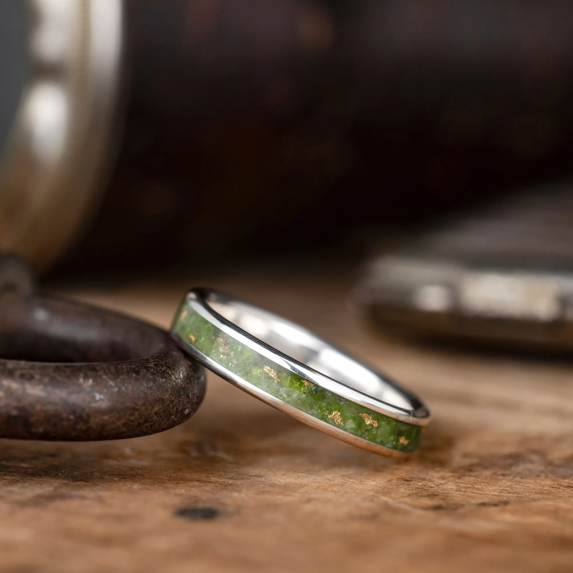 (In-Stock) Custom Silver Ring with Imperial Diopside & Gold Flakes -Size 7.75 | 4mm Wide