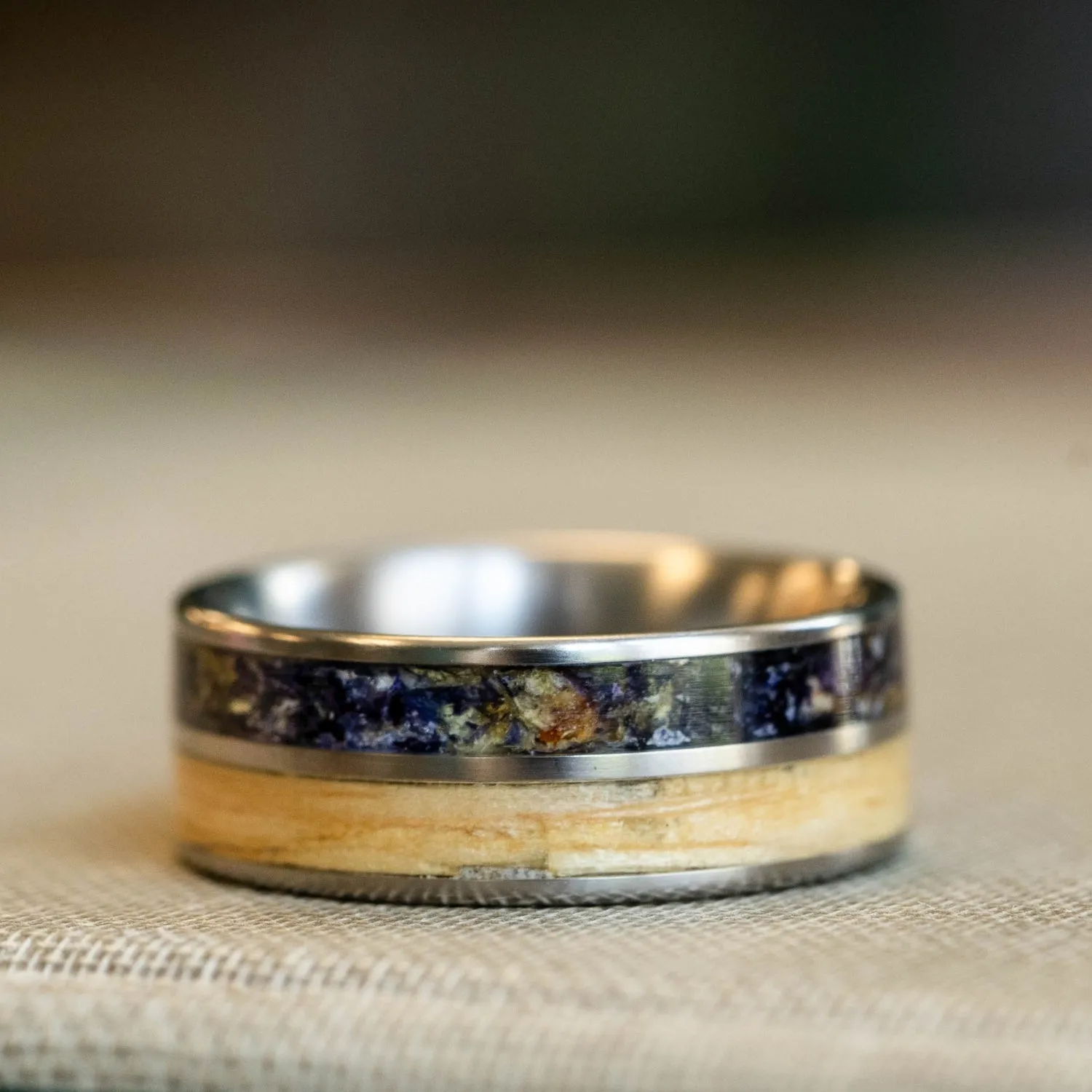 (In-Stock) Custom Titanium Wedding Band - Ash Wood & Violet Flowers - Size 8.25 | 8mm Wide