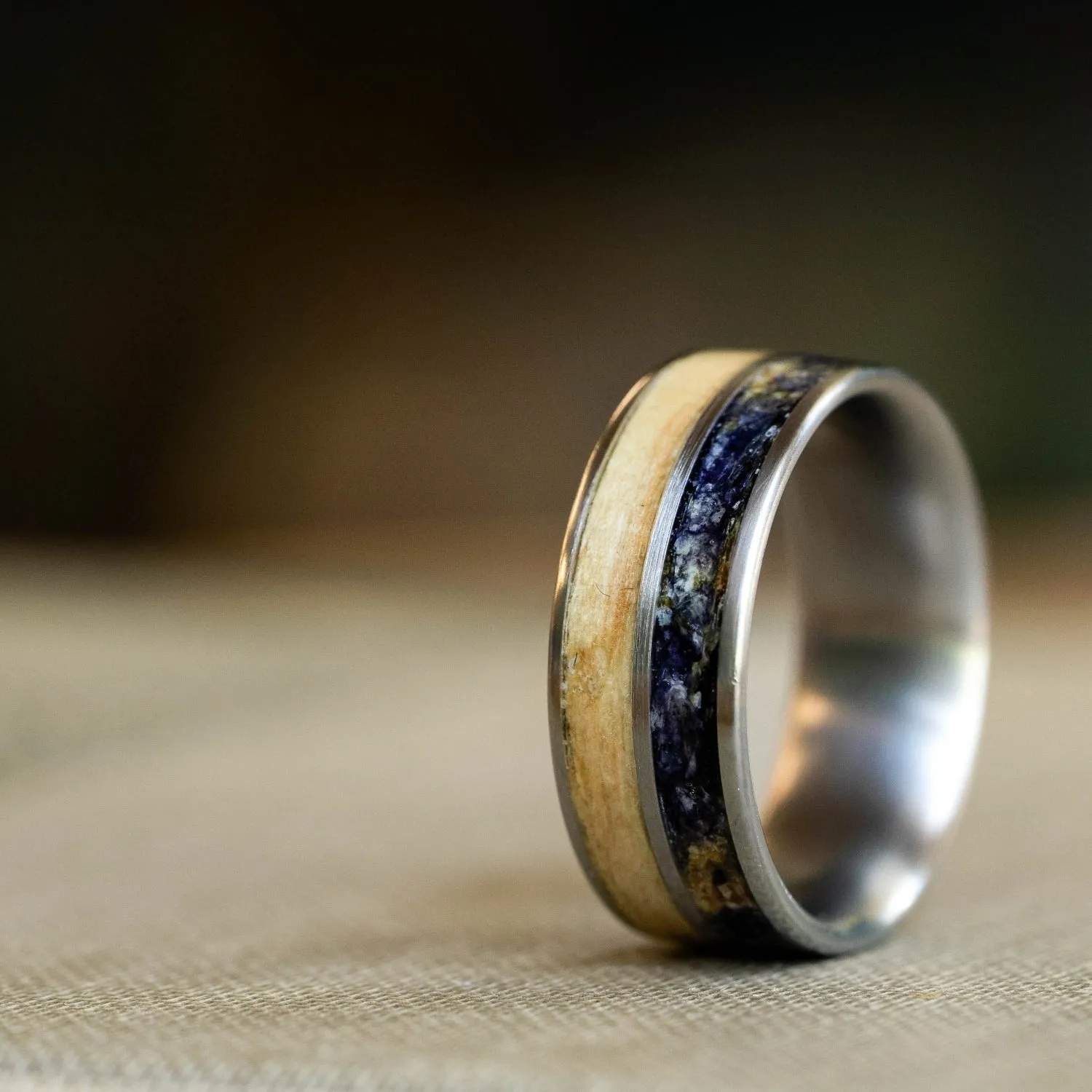 (In-Stock) Custom Titanium Wedding Band - Ash Wood & Violet Flowers - Size 8.25 | 8mm Wide