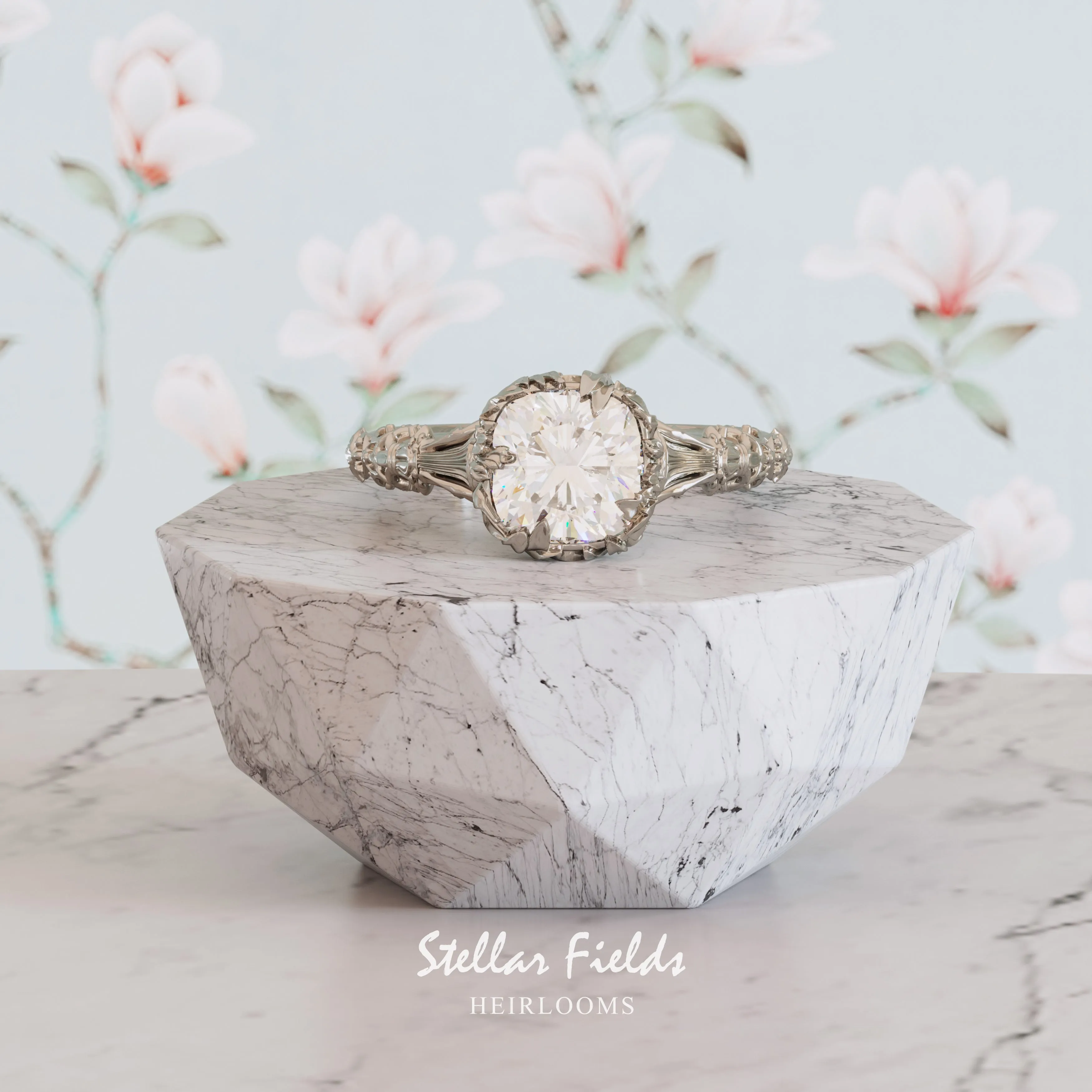 Intricate Floral Engagement Ring Nature Inspired 'Elise' Cushion Cut