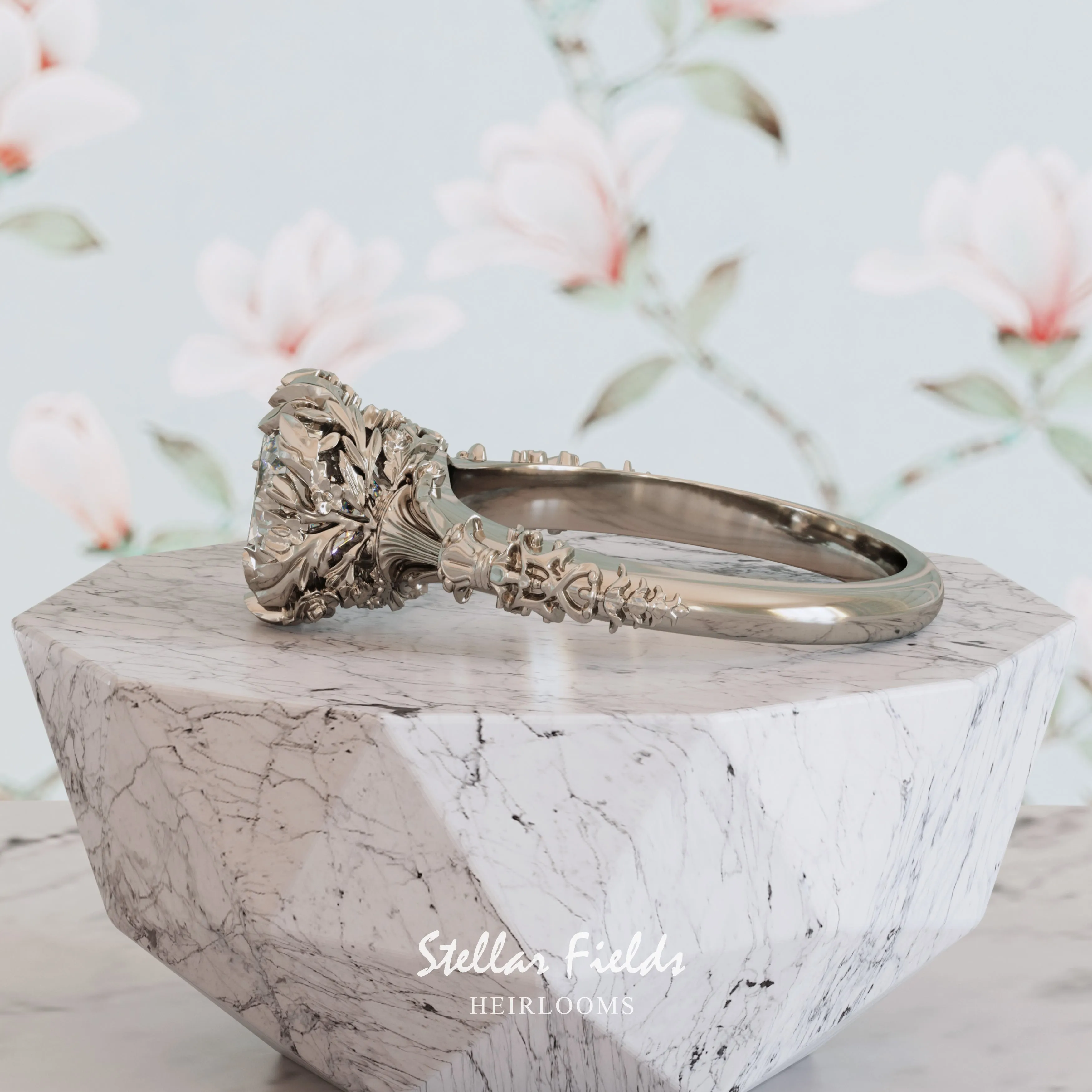 Intricate Floral Engagement Ring Nature Inspired 'Elise' Cushion Cut