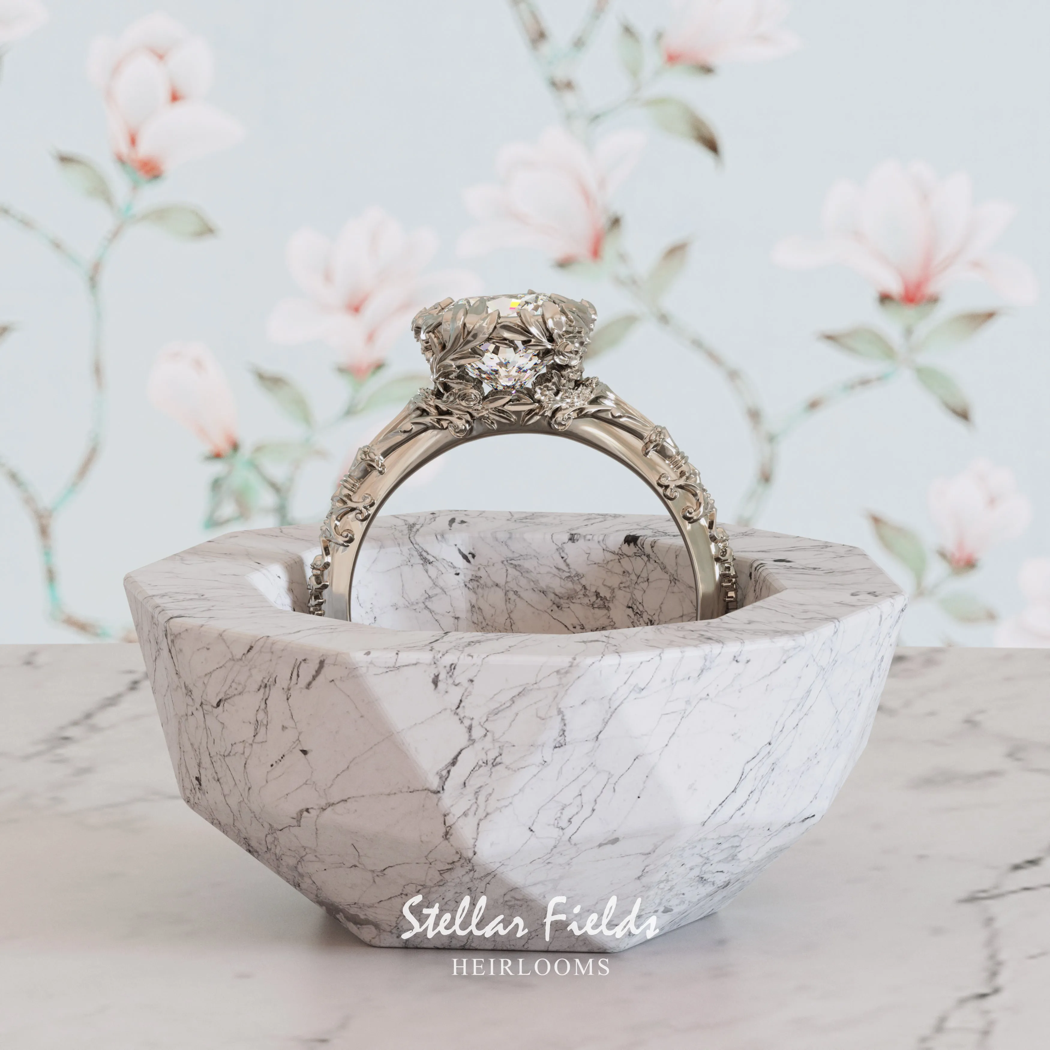 Intricate Floral Engagement Ring Nature Inspired 'Elise' Cushion Cut