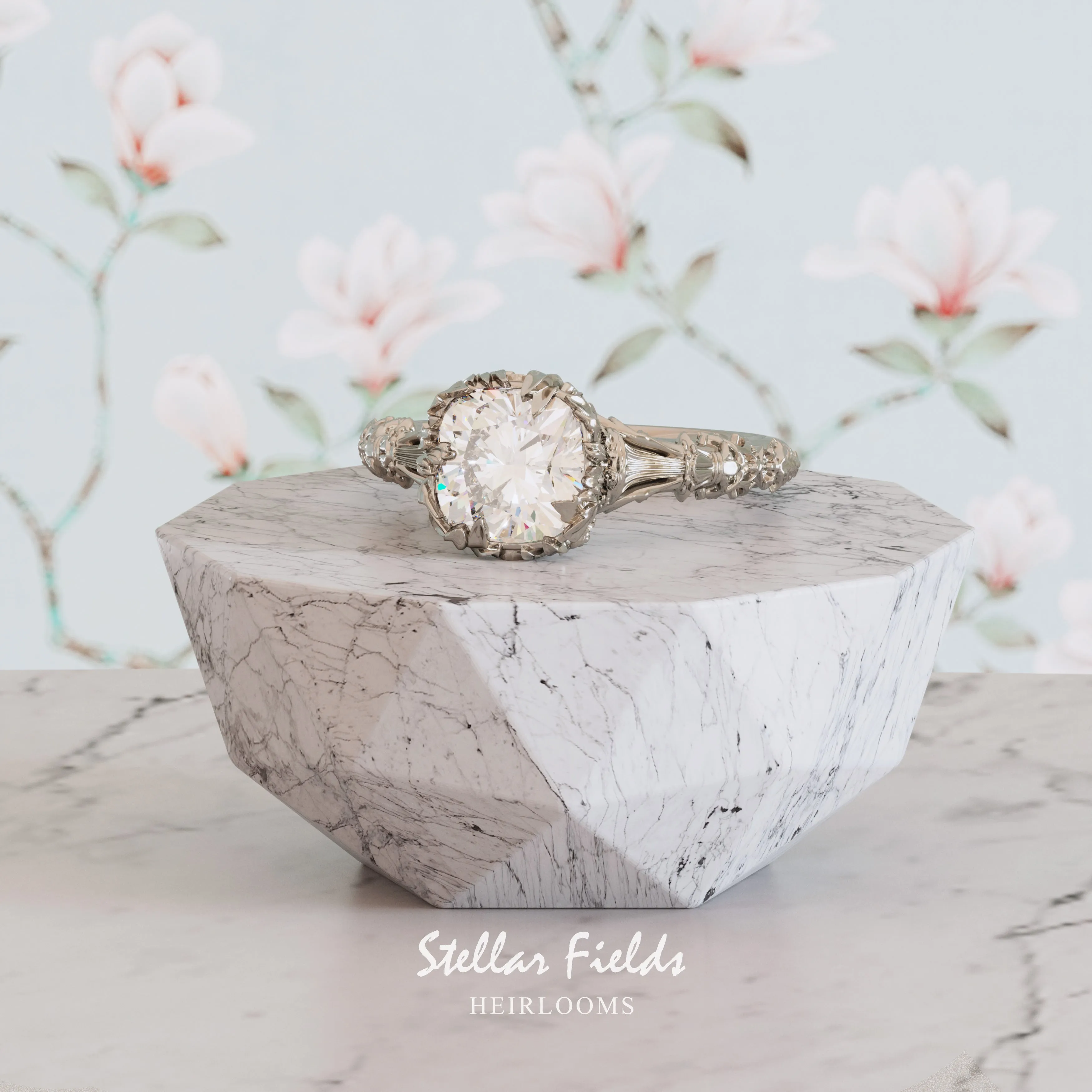 Intricate Floral Engagement Ring Nature Inspired 'Elise' Cushion Cut