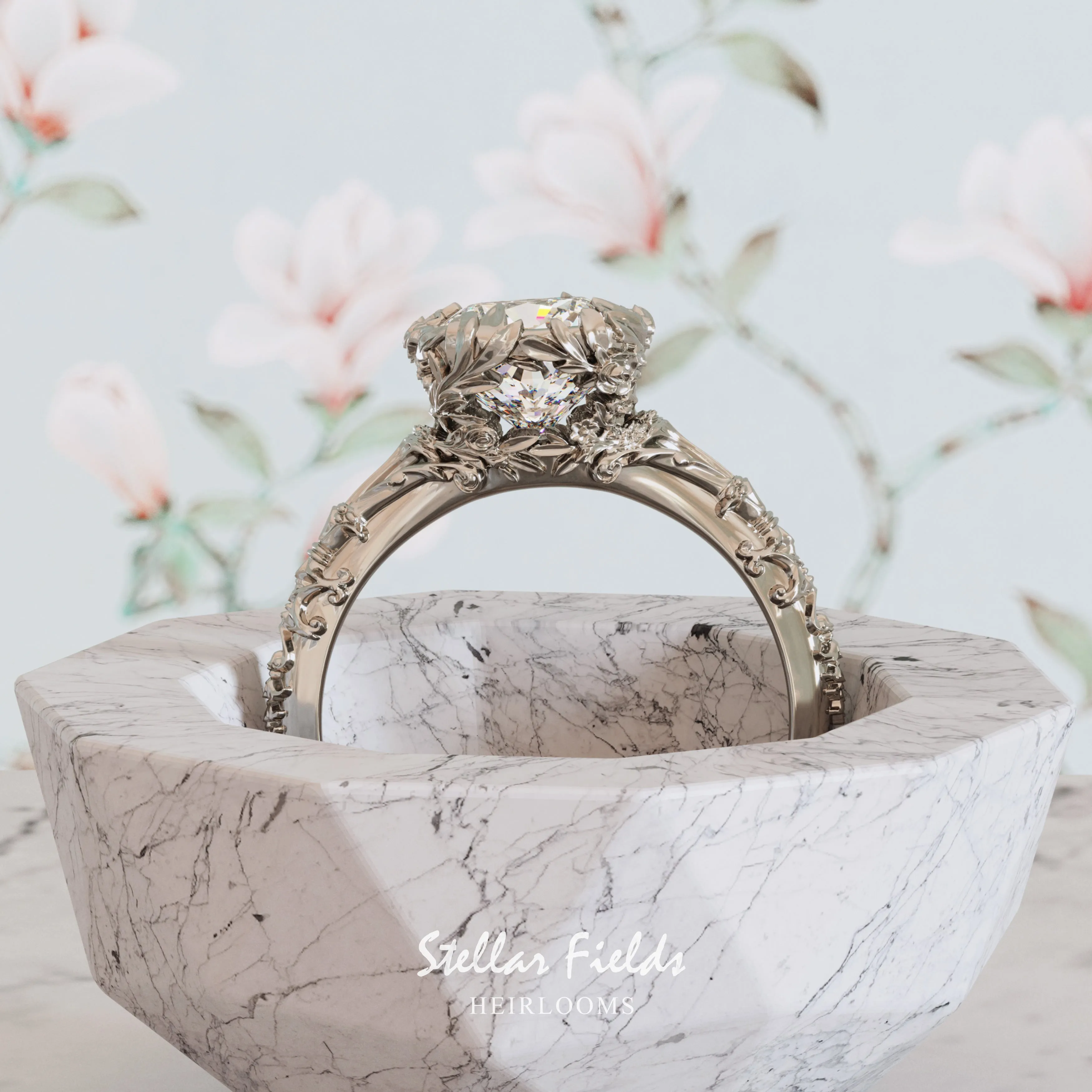 Intricate Floral Engagement Ring Nature Inspired 'Elise' Cushion Cut