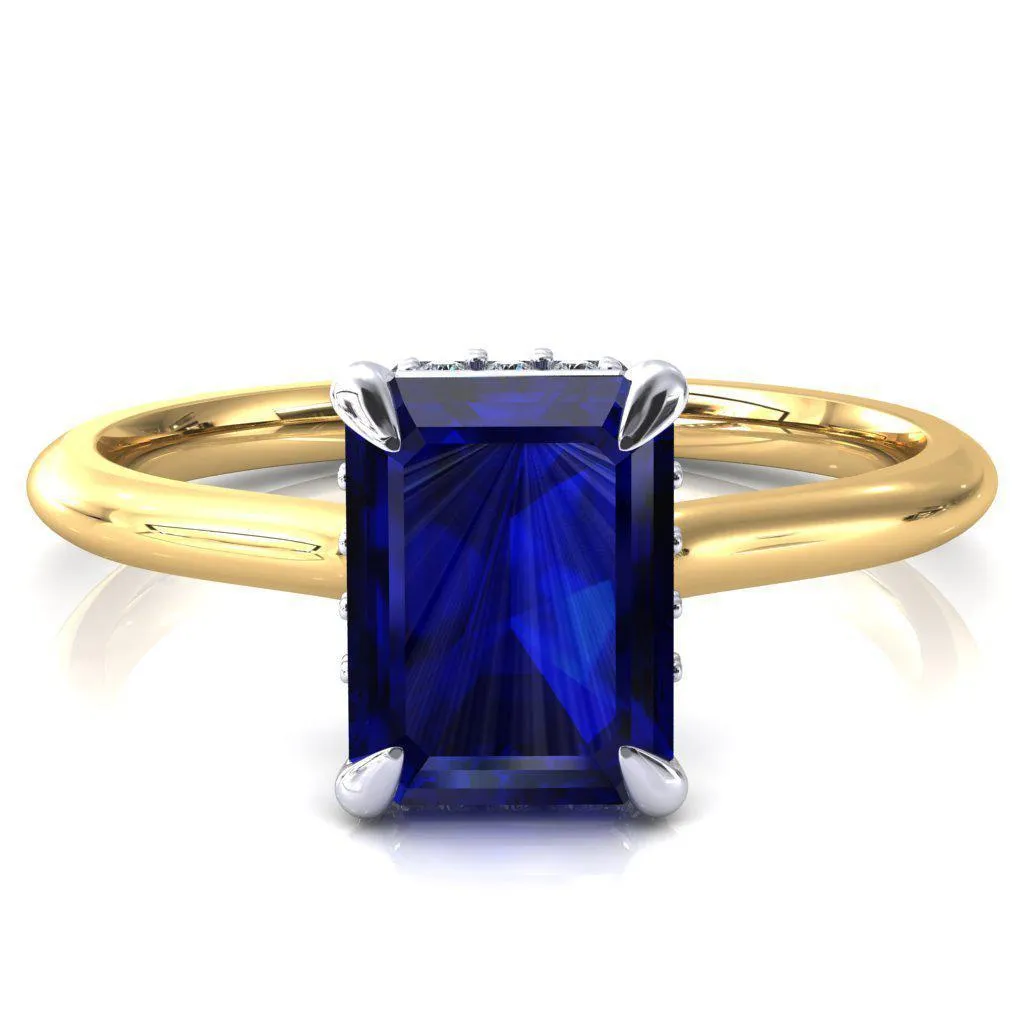 Janey Emerald Blue Sapphire 4 Prongs Claw Floating Halo Inverted Cathedral Ring