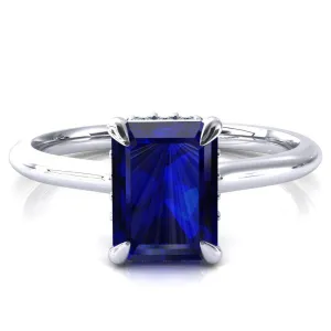 Janey Emerald Blue Sapphire 4 Prongs Claw Floating Halo Inverted Cathedral Ring