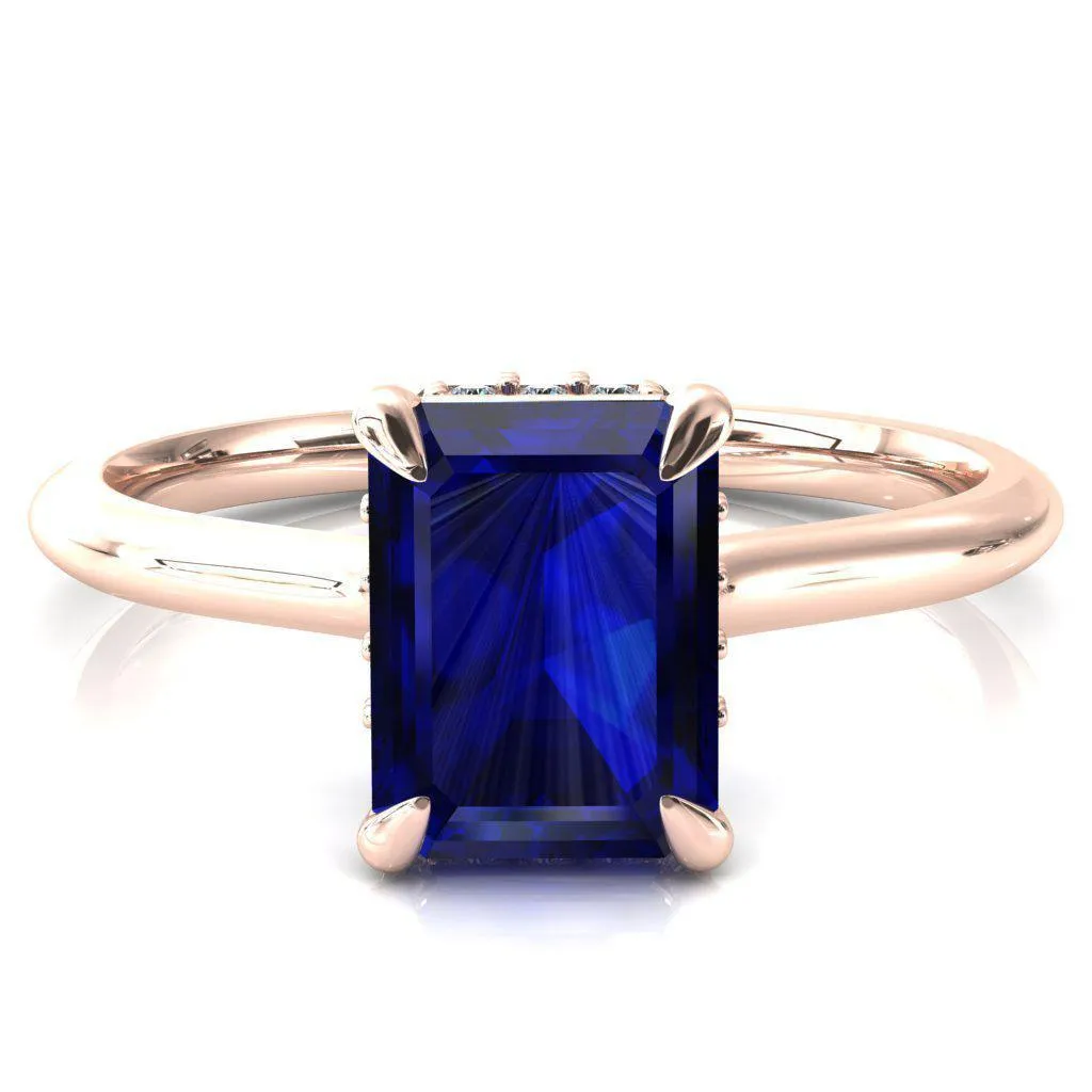 Janey Emerald Blue Sapphire 4 Prongs Claw Floating Halo Inverted Cathedral Ring