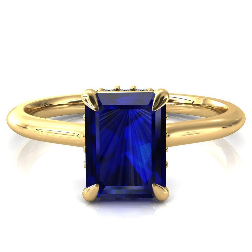 Janey Emerald Blue Sapphire 4 Prongs Claw Floating Halo Inverted Cathedral Ring