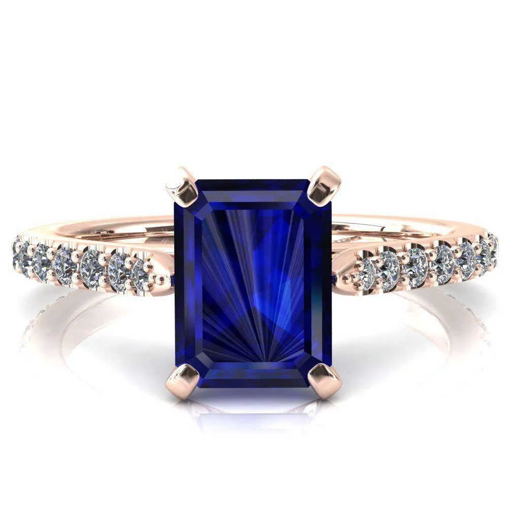 Kelsy Emerald Blue Sapphire 4 Prong 3/4 Shared Scalloped Inverted Cathedral Ring