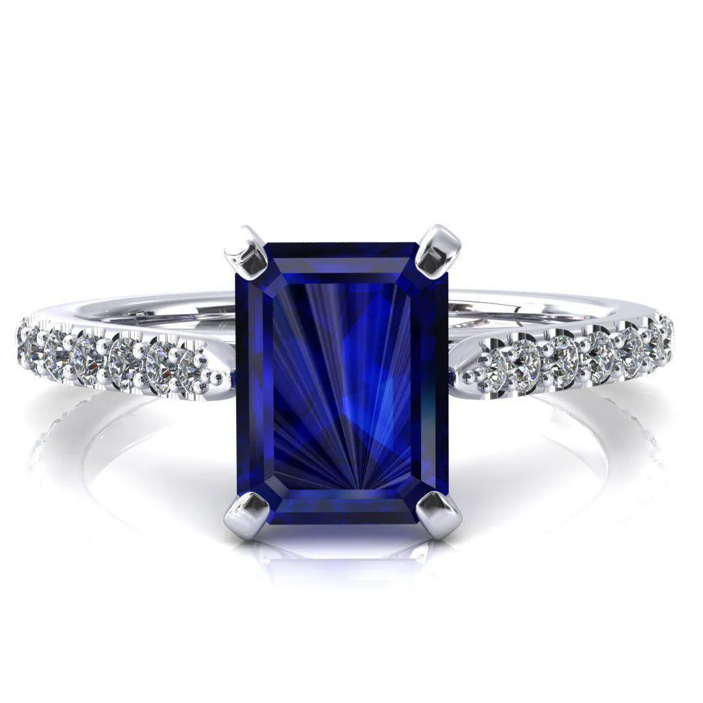 Kelsy Emerald Blue Sapphire 4 Prong 3/4 Shared Scalloped Inverted Cathedral Ring
