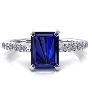 Kelsy Emerald Blue Sapphire 4 Prong 3/4 Shared Scalloped Inverted Cathedral Ring