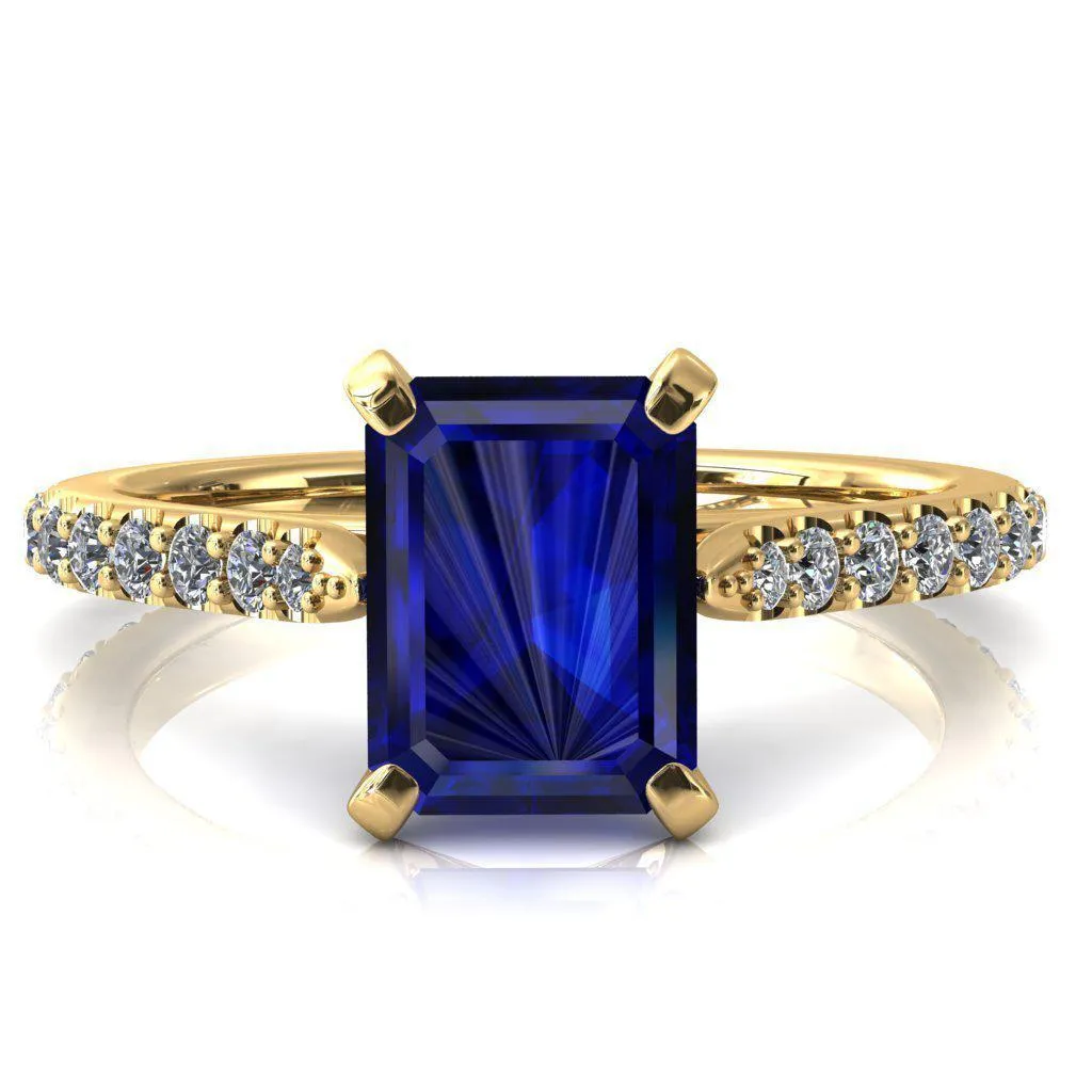 Kelsy Emerald Blue Sapphire 4 Prong 3/4 Shared Scalloped Inverted Cathedral Ring