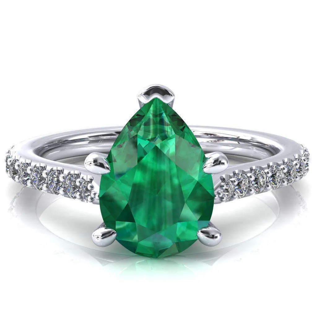 Kelsy Pear Emerald 5 Prong 3/4 Shared Scalloped Inverted Cathedral Ring